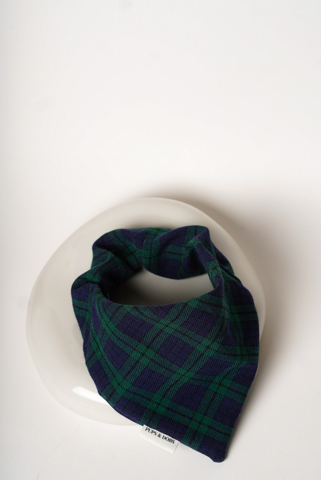 Plaid bandana on a white dish with a plain background