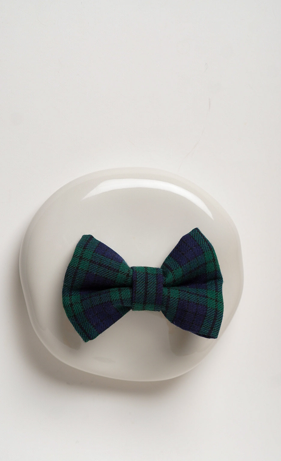 Green plaid bow tie on a white plate with a white background